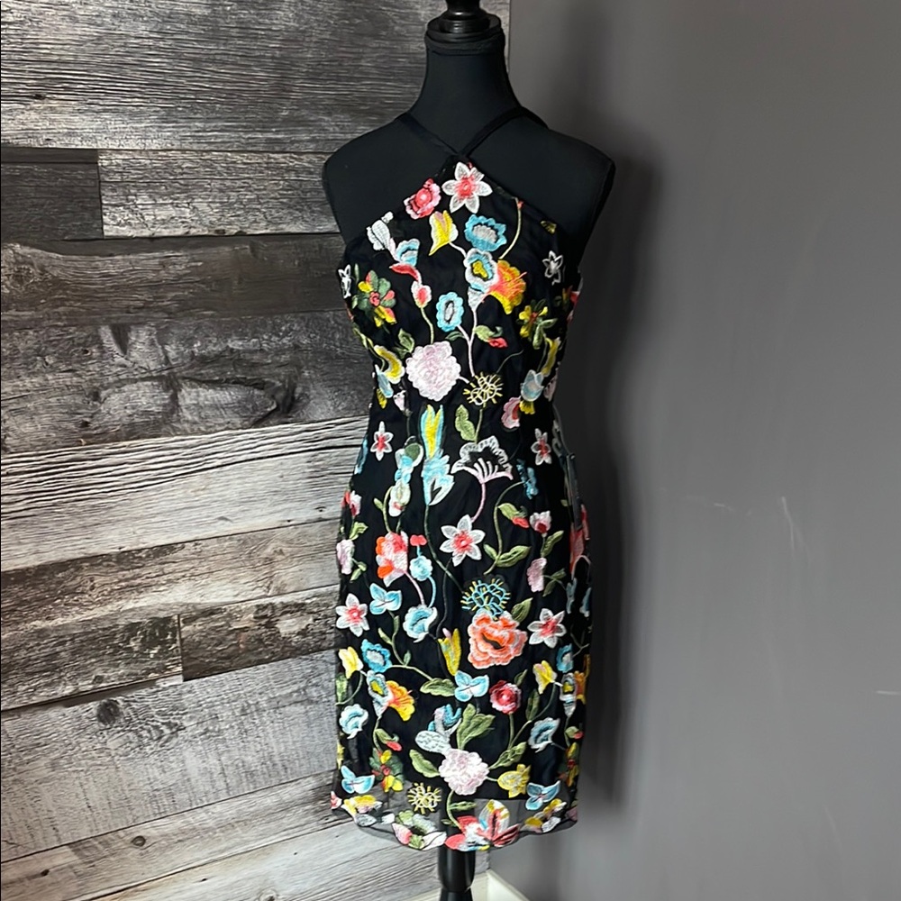VENUS Pink and Yellow Sheath Cocktail Dress Sleeveless Halter Midi